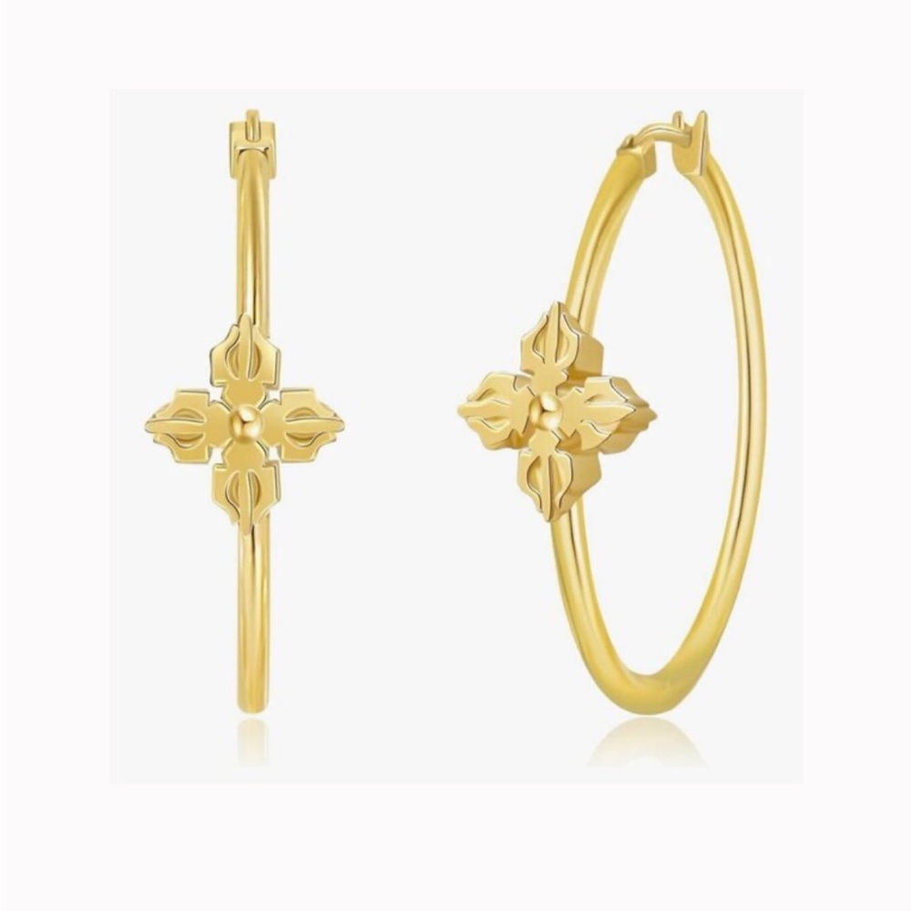 Roberto Coin Style Gold Floral Cross Hoop Earrings